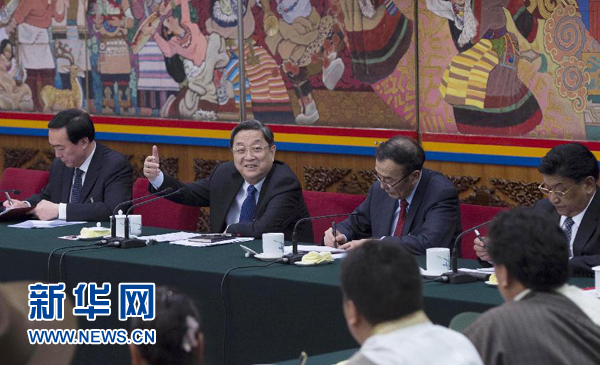 ??????3??0日,中共中央政治????委??全國(guó)政協(xié)主席俞正聲參加十二屆全國(guó)人大二次會(huì)議西藏代表團(tuán)的審議。新華社記??王曄??