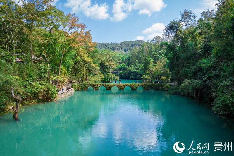 航拍荔波小七孔景區(qū)內的七孔古石橋。人民網(wǎng)記者 涂敏攝