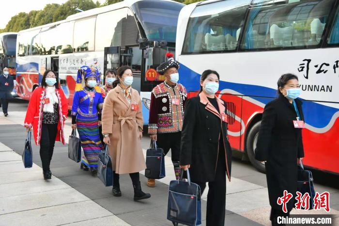 圖為云南政協(xié)委員抵達會場 劉冉陽 攝 圖為云南政協(xié)委員抵達會場 劉冉陽 攝