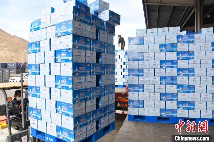 圖為工作人員在裝載抗疫生活物資。　貢嘎來松 攝